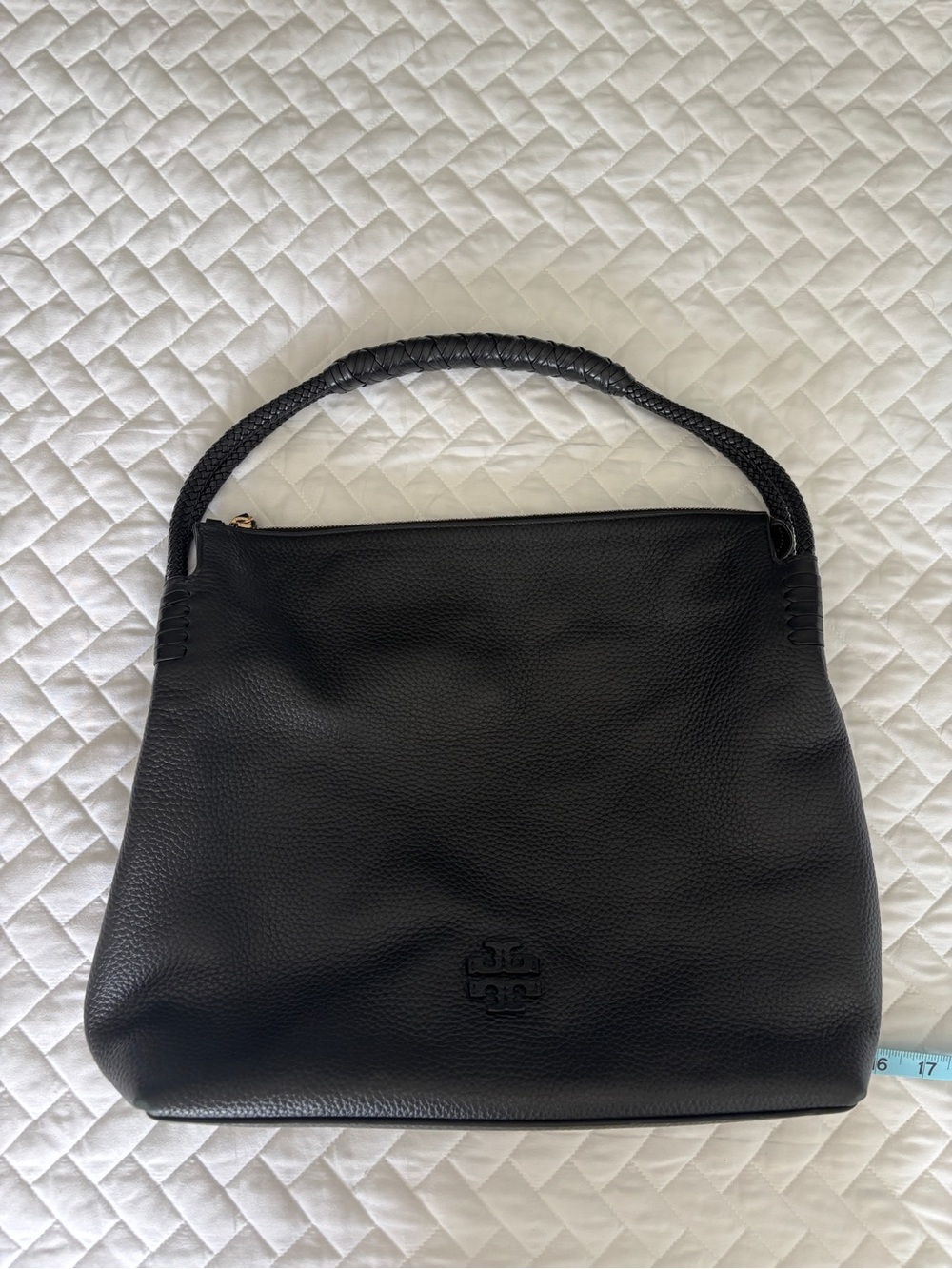 Tory Burch Black Pebbled Leather Shoulder Bag with Braided Handle
